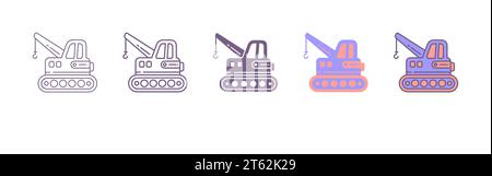 Icone gru impostate. Diversi tipi di gru, collezione di icone lineari. Gru da carico, da costruzione, su rotaia e altre gru industriali per l'edilizia. Illustrazione Vettoriale