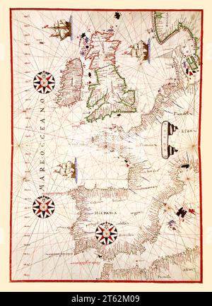 Vecchia carta portolana dell'Europa occidentale. Di oliva, publ. ca. 1590 Foto Stock
