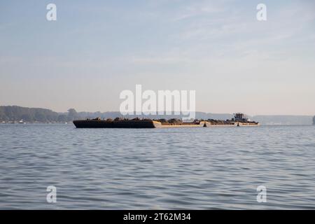 Un rimorchiatore spinge chiatte combinate caricate di sabbia lungo il Danubio Foto Stock