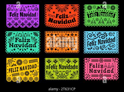 Banner natalizi messicani tagliati in carta Feliz navidad, bandiere picado in papel. Festa natalizia in Messico Feliz Navidad, America Latina saluto natalizio ghirlande vettoriali, bandiere o striscioni Illustrazione Vettoriale