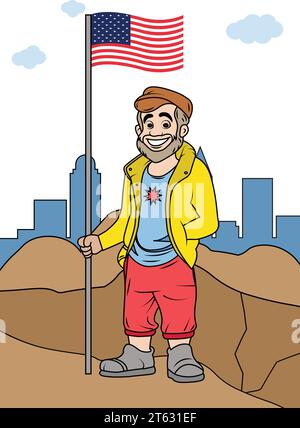 Un uomo comune in piedi sulla montagna con la bandiera. Illustrazione vettoriale. Uomo d'affari di leadership e successo Illustrazione Vettoriale