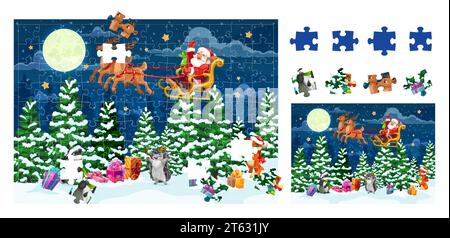 Pezzi di puzzle natalizi. Foglio di lavoro didattico vettoriale dei cartoni animati per bambini in età prescolare con divertente Babbo Natale in slitta di cervi nella foresta fantasy notturna con regali su neve e animali Illustrazione Vettoriale