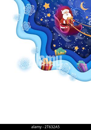 Poster tagliato di carta natalizia con Babbo Natale in slitta nel cielo. Modello vettoriale con effetto stratificato 3d papercut, carta bianca verticale con divertente slitta padre Noel in paradiso notturno con neve e luna cadenti Illustrazione Vettoriale