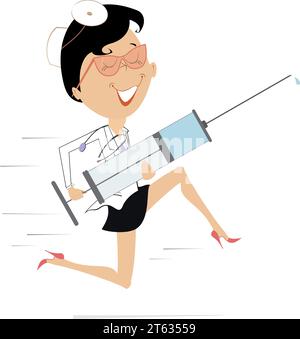 Donna dottore sorridente con una grande siringa corre per rendere l'aiuto medico. Cartoni animati affrettati medico donna che tiene una grande siringa. Isolato su sfondo bianco Illustrazione Vettoriale