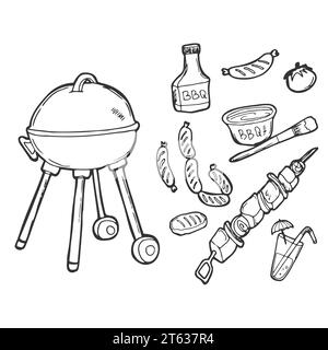 Set di icone per barbecue disegnate a mano. Prodotti e strumenti Illustrazione Vettoriale