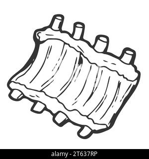 Costolette di maiale per illustrazione vettoriale dell'icona del contorno del barbecue. Linea carne cruda o grigliata disegnata a mano con ossa, manzo o costolette di agnello da grigliare durante la festa al barbecue, cibo Illustrazione Vettoriale
