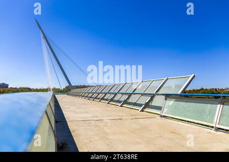 Pasarela del voluntariado. Moderno ponte che attraversa il fiume Ebro a Saragozza, in Spagna. Architettura moderna Foto Stock