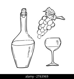 bottiglia, bicchieri con vino e icona vuota e set cavatappi, adesivo. disegnare lo stile del doodle disegnato a mano. minimalismo, monocromatico. bevande, bar Illustrazione Vettoriale