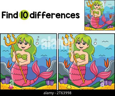 Sirena che tiene Trident trova le differenze Illustrazione Vettoriale