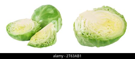 Cavolo verde con mezzo isolato su sfondo bianco con profondità di campo completa. Foto Stock