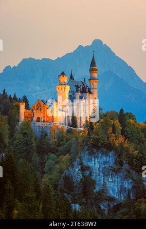 Castello di Neuschwanstein illuminato dopo il tramonto circondato da colori autunnali, situato vicino alla città di Füssen, nel Allgäu, in Baviera, a sud Foto Stock