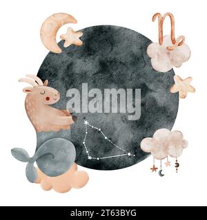 Acquerello composizione per bambini di segno zodiacale Capricorno, nuvola, stelle, luna e costellazione. Per la stampa, il confezionamento, le cartoline, le brochure, il bambino Foto Stock