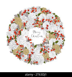 Corona di Natale con rami verdi bacche rosse e coni di pino. Design esclusivo per biglietti d'auguri, striscioni e volantini. Illustrazione vettoriale nella s moderna Illustrazione Vettoriale