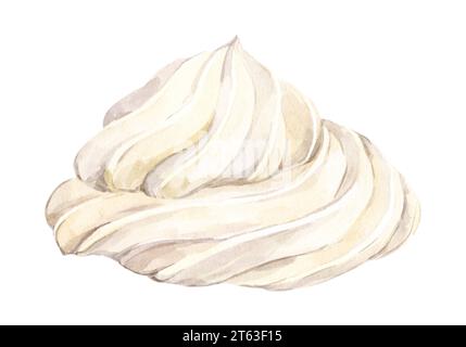 Vasca idromassaggio con panna montata su sfondo bianco. Acquerello illustrazione realistica di meringa bianca. Gelato alla vaniglia per decorare la torta. Foto Stock