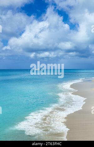 Lussuoso yacht a vela all'ancora al largo della spiaggia sabbiosa nelle acque turchesi della baia di Picarts sulla costa dell'isola di Antigua nei Caraibi. Foto Stock