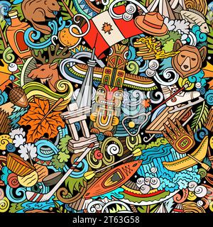 Coloratissimo motivo senza cuciture dei cartoni animati con una varietà di oggetti e simboli canadesi, tra cui foglia d'acero, castoro, alce, bastoncino da hockey, e neve. Illustrazione Vettoriale