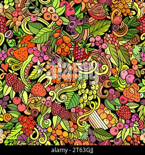 Gli scarabocchi vettoriali dei cartoni animati sul tema del motivo senza cuciture Berry Fruits presentano una varietà di oggetti e simboli di bacche. Bizzarro giocoso colorato b Illustrazione Vettoriale