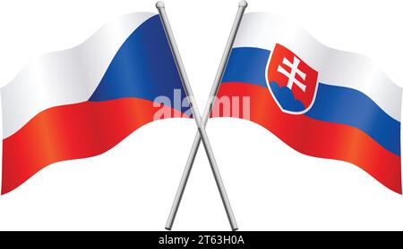 le bandiere ceche e slovacche in relazione alleanza o contro conflitto attraversano i flagpole vettori isolati su sfondo trasparente Illustrazione Vettoriale