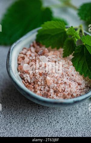 Primo piano di cucina vegana con una ciotola di sale rosa himalayano guarnita con una foglia di ortica fresca su sfondo grigio testurizzato con un paio di Foto Stock