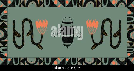 Illustrazione di api nere e fiori d'arancio con disegni astratti senza cuciture in arte espressionista neo-primitiva su sfondo blu Foto Stock