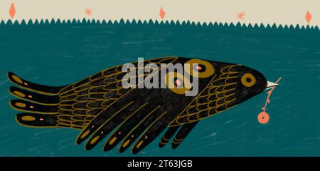 Immagine di un uccello di colore nero con macchie gialle che volano in aria su sfondo bianco e blu Foto Stock