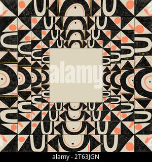 Illustrazione di forma quadrata con motivi geometrici e senza cuciture di colore nero e arancione in arte neo-primitiva su sfondo bianco Foto Stock