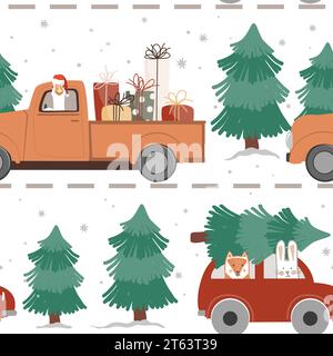 Simpatici animali in auto con un albero di Natale e confezioni regalo di Natale. Fantasia invernale senza cuciture in stile cartoni animati con personaggi divertenti. Vettore Illustrazione Vettoriale