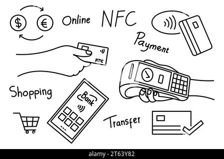 Pagamento contactless disegno doodle carta di credito transazione di acquisto con smartphone Illustrazione Vettoriale