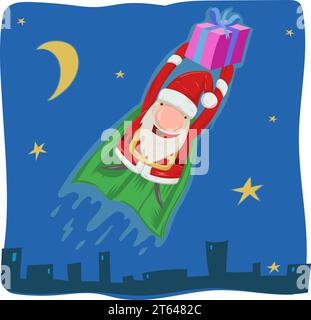 Cartoni animati da supereroe Babbo Natale con sfondo confezione regalo augurando buone feste Illustrazione Vettoriale
