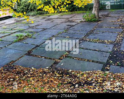 Penny Pocket Park in autunno, ex parte del cimitero della Minster di Leeds, con vecchie lapidi sull'argine ferroviario di Leeds, Inghilterra Foto Stock