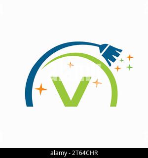 Logo e simbolo per la pulizia sulla lettera V, cartello per la pulizia della casa Illustrazione Vettoriale