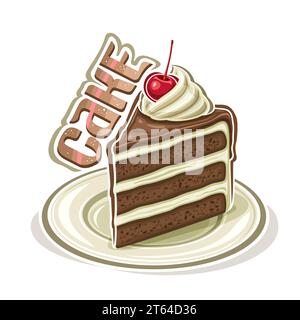 Logo vettoriale per torta al cioccolato, poster quadrato con illustrazione della torta al cioccolato triangolare a strati a fette, guarnire la bacca di maraschino in cr contorto caseario Illustrazione Vettoriale
