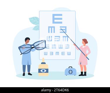 Salute degli occhi, illustrazione vettoriale oftalmologia. Cartoni animati le persone più piccole controllano la vista con un test grafico visivo all'esame, trattamento di correzione della messa a fuoco con gocce oculari e occhiali da oftalmologi Illustrazione Vettoriale