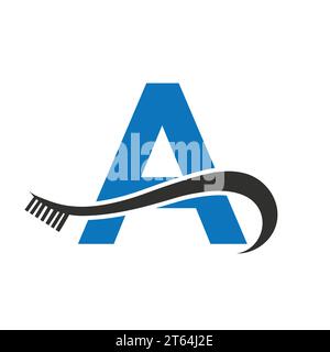 Lettera A con logo pennello da denti Design Concept per il modello di logo Dental Care per la cura dei denti Illustrazione Vettoriale