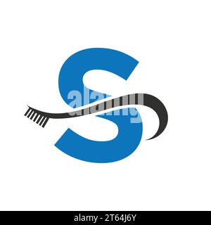 Lettera S con logo pennello da denti Design Concept for Teeth Care Dental Logo Template Illustrazione Vettoriale