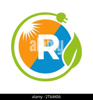 Concetto di progettazione del logo Letter R Solar Energy con modello vettoriale per pannelli solari Sun, Leaf e spina elettrica Illustrazione Vettoriale