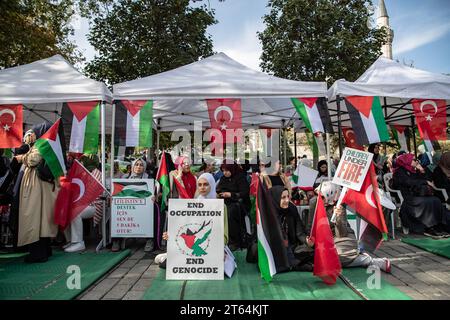 Istanbul, Turchia. 8 novembre 2023. Le donne con cartelloni e bandiere partecipano a una protesta sit-in. L'iniziativa di solidarietà con le donne palestinesi prosegue l'ottavo giorno della protesta sit-in di 15 giorni in piazza Sultanahmet. Credito: SOPA Images Limited/Alamy Live News Foto Stock