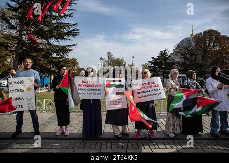 Istanbul, Turchia. 8 novembre 2023. I manifestanti hanno dei cartelli che esprimono la loro opinione durante una protesta sit-in. L'iniziativa di solidarietà con le donne palestinesi prosegue l'ottavo giorno della protesta sit-in di 15 giorni in piazza Sultanahmet. Credito: SOPA Images Limited/Alamy Live News Foto Stock