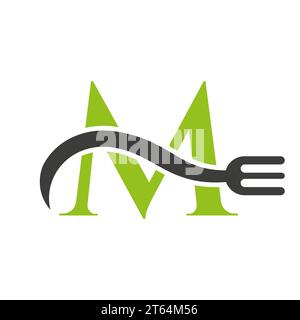 Logo del ristorante Letter M con modello vettore forcella Illustrazione Vettoriale