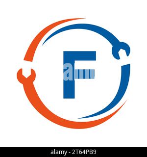 Logo di riparazione lettera F. Home Services Tool, modello di logo per le riparazioni automobilistiche per il settore aziendale, aziendale e delle costruzioni Illustrazione Vettoriale