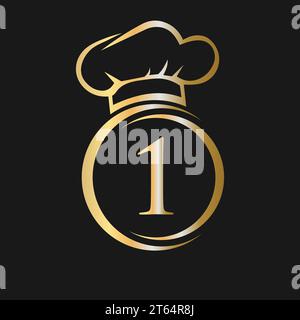 Lettera iniziale 1 modello logo ristorante. Logo del ristorante con scritta "Chef Hat Symbol Vector Sign" Illustrazione Vettoriale