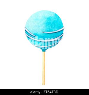 Torta su un bastoncino, la torta salta con glassa blu con strisce di dolciumi. Gelato a ghiaccioli ad acquerello da set di dolci per decorazione e. Foto Stock