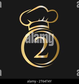Lettera iniziale 2 modello logo ristorante. Logo del ristorante con scritta "Chef Hat Symbol Vector Sign" Illustrazione Vettoriale