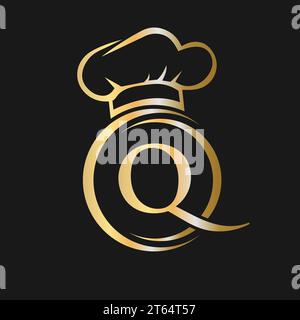 Modello logo ristorante lettera iniziale Q. Logo del ristorante con scritta "Chef Hat Symbol Vector Sign" Illustrazione Vettoriale