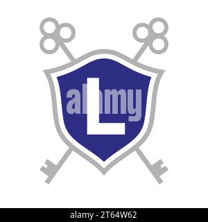 Concetto di design del logo immobiliare Letter L con simbolo chiave incrociato. Logotipo di chiave immobiliare sul simbolo Shield Illustrazione Vettoriale