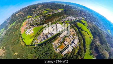 Vista aerea, area industriale Industriestraße, globo terrestre, immagine fisheye, immagine a 360 gradi, Tiny World, Lenhausen, Finnentrop, Sauerland, North Rhine- Foto Stock