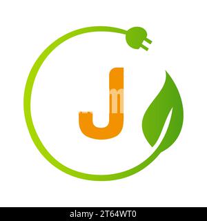 Modello con logo della spina elettrica verde lettera J. Concetto di segnaletica elettrica con segnaletica vettoriale Eco Green Leaf Illustrazione Vettoriale