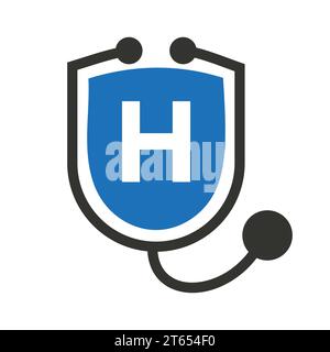 Logo Letter H Healthcare. Logotipo medico e medico sulla lettera H concetto con segno stetoscopio Shield Illustrazione Vettoriale