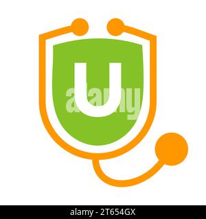Logo Letter U Healthcare. Logotipo medico e medico sulla lettera U concetto con segno stetoscopio Shield Illustrazione Vettoriale