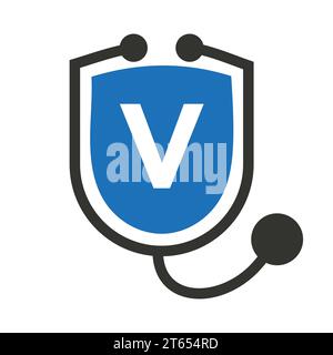 Logo Letter V Healthcare. Logotipo medico e medico sulla lettera V Concept con segno stetoscopio Shield Illustrazione Vettoriale